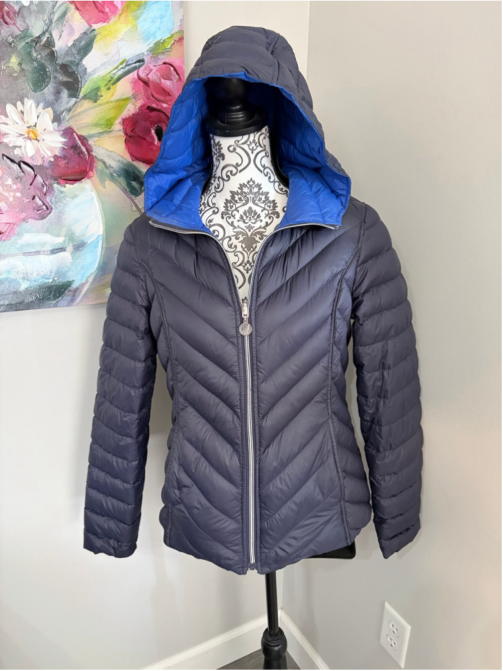 Women's Nautica Puffer Jacket Size L Blue Black Reversible Hooded Coat
